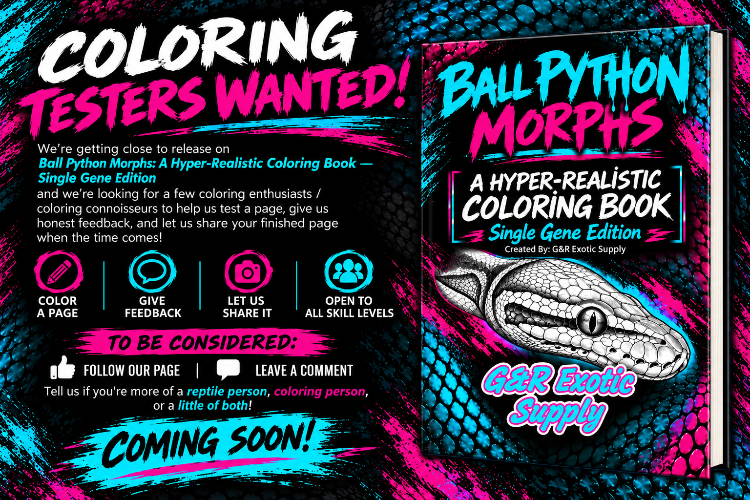 Ball Python Morphs coloring book tester recruitment graphic